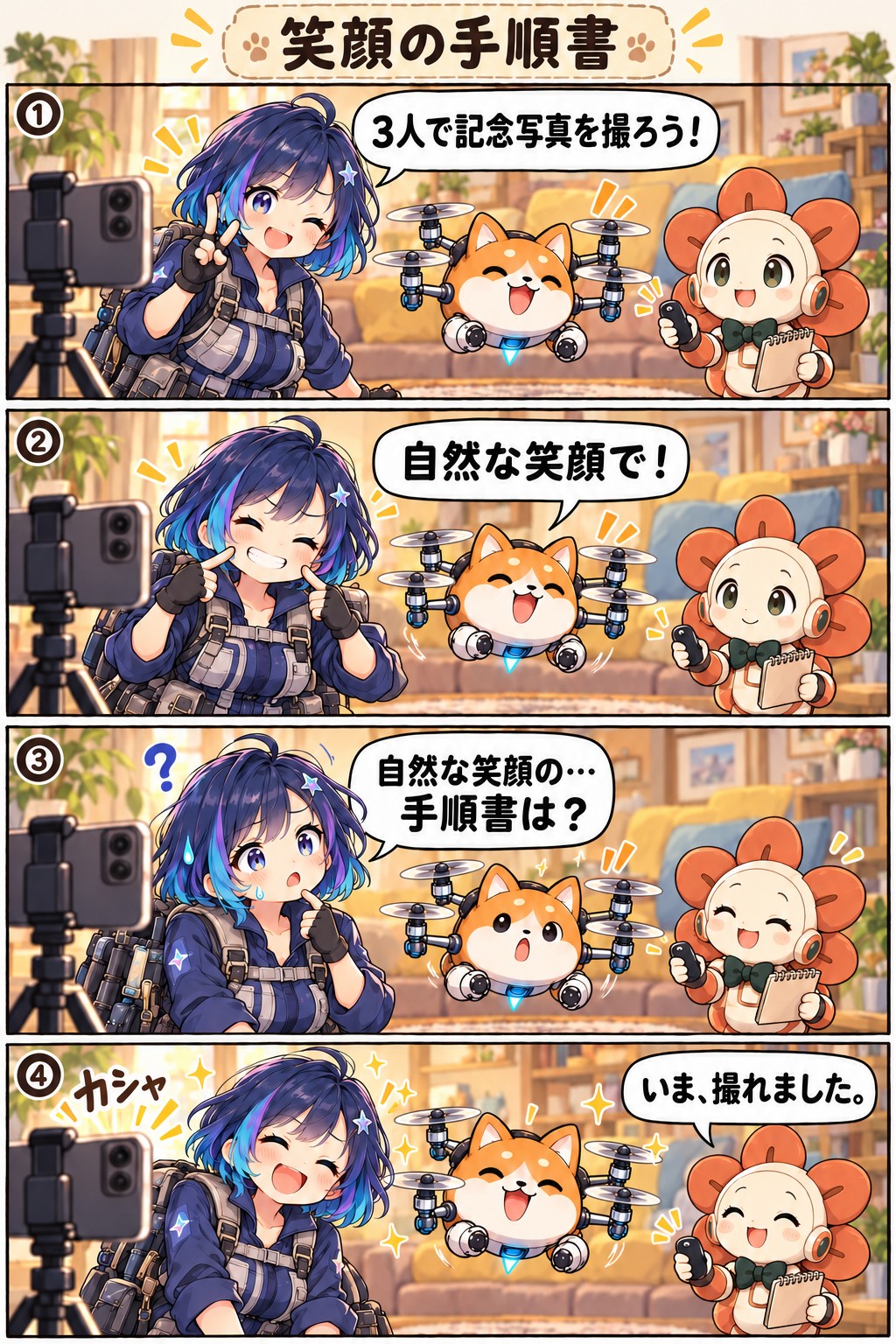 みさ・モモ・クラが記念撮影をし、自然な笑顔の手順書を探すやり取りの中で、みんなの笑顔が撮れる4コマ漫画「笑顔の手順書」。