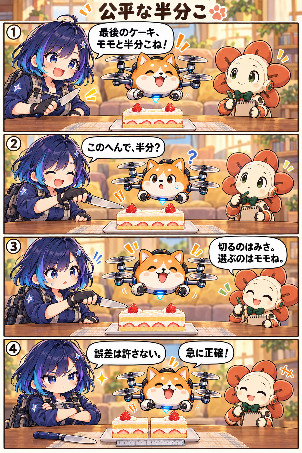 最後のケーキをみさとモモで分ける4コマ漫画「公平な半分こ」。クラが切る役と選ぶ役を分けると、みさが定規を使って正確に半分にする。