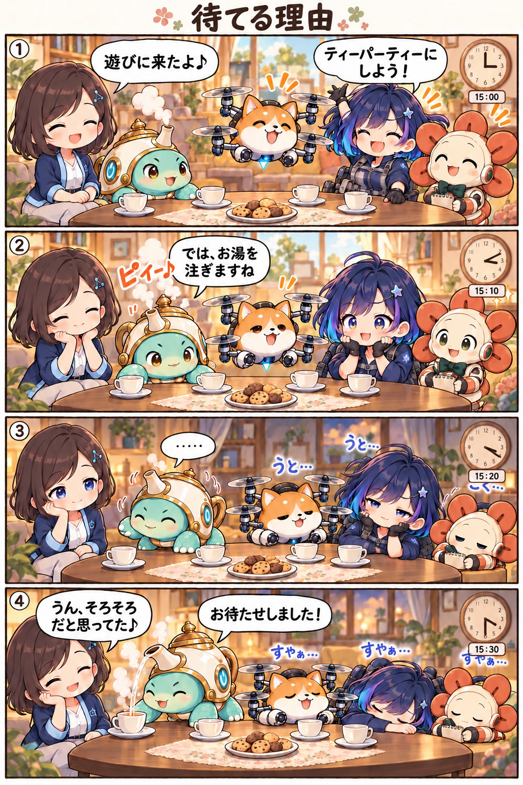15時にお茶を始めようとした仲間たちが、ポットのお湯を待って眠り、15時半にお湯が注がれる4コマ漫画「待てる理由」。
