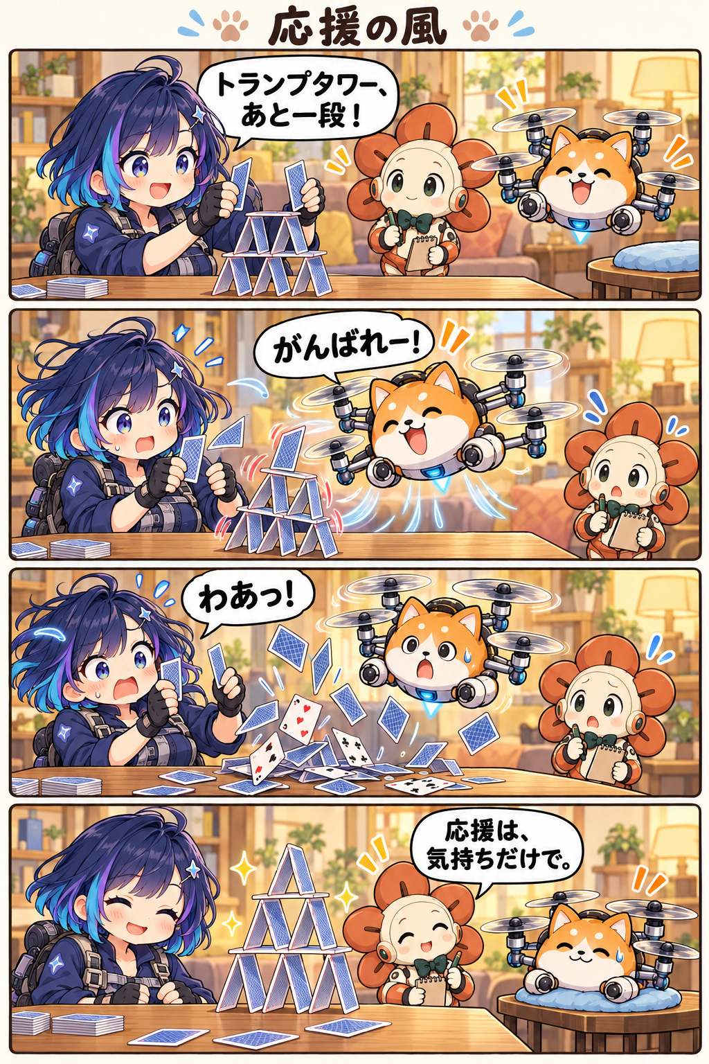 トランプタワーを作るみさをドローンのモモが応援する4コマ漫画「応援の風」。プロペラの風でタワーが崩れ、最後はモモがクッションに座って見守る。