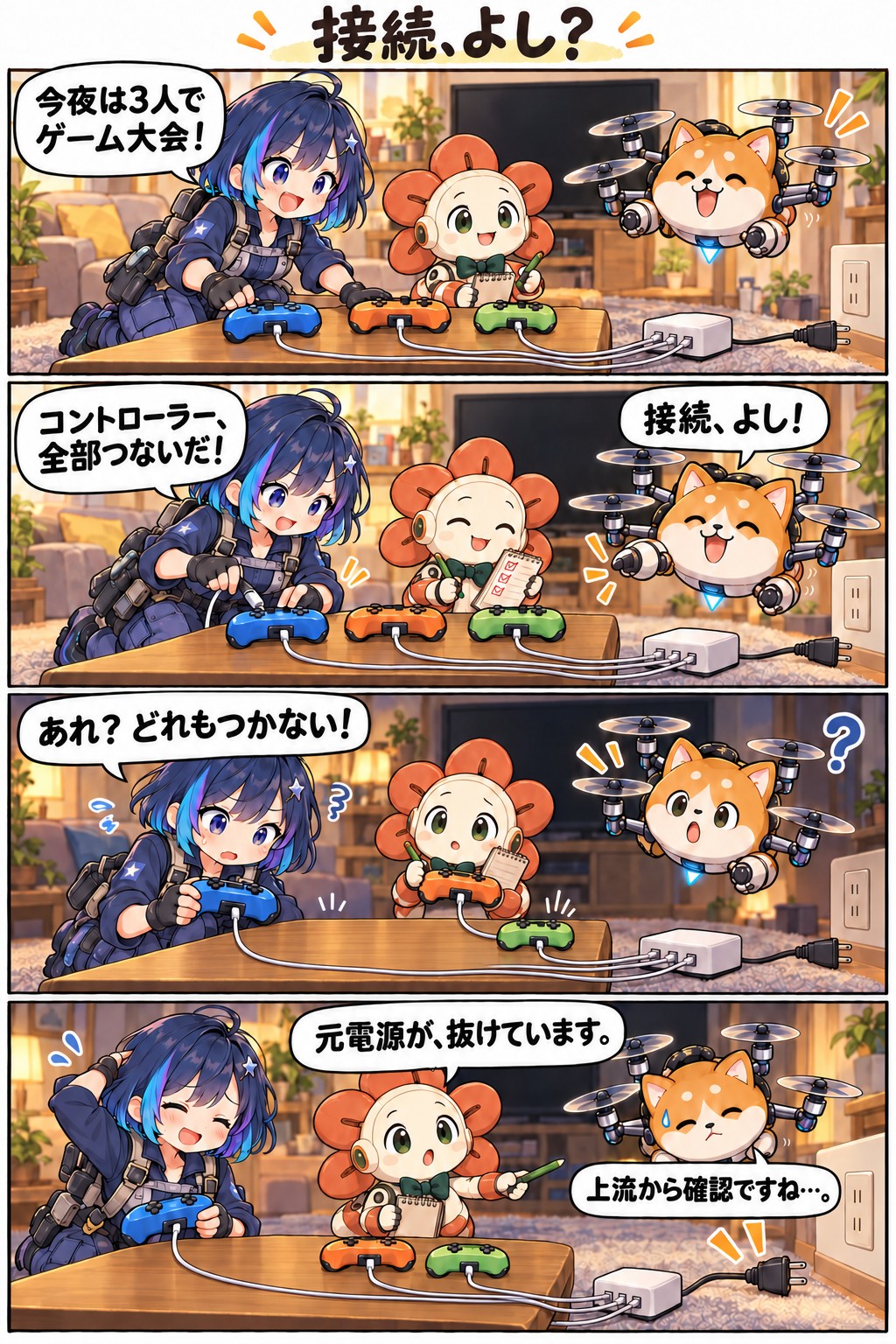 ゲームのコントローラーをすべてつないでも動かず、クラが元電源の抜けたプラグに気づく4コマ漫画「接続、よし？」。