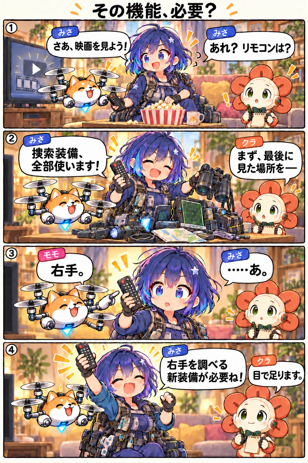 映画を見るためリモコンを探すみさに、モモとクラがツッコミを入れる4コマ漫画「その機能、必要？」。