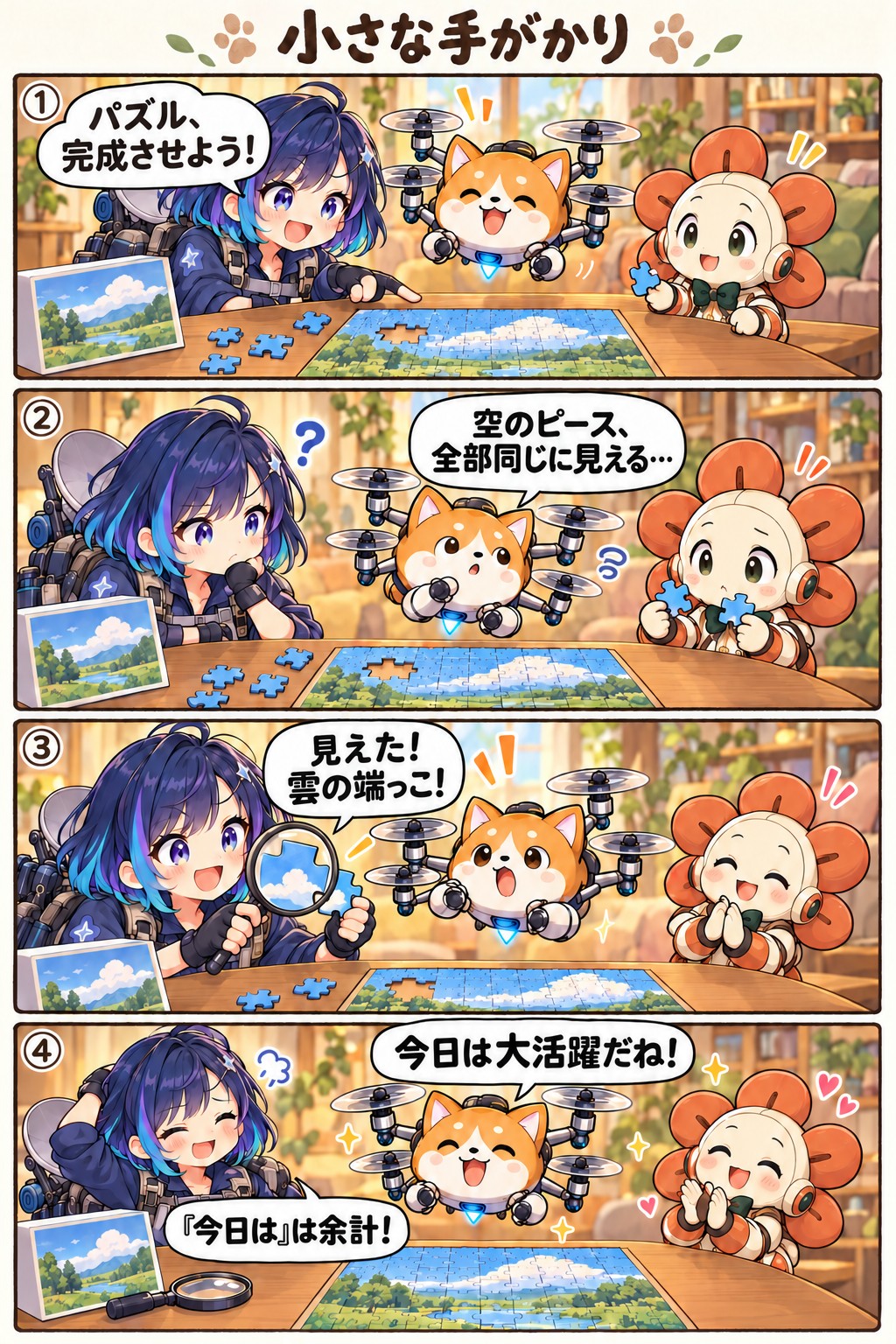 空のピースに悩む仲間たちが、みさの見つけた雲の端を手がかりにパズルを進め、ほめ言葉の「今日は」にみさがツッコむ4コマ漫画「小さな手がかり」。