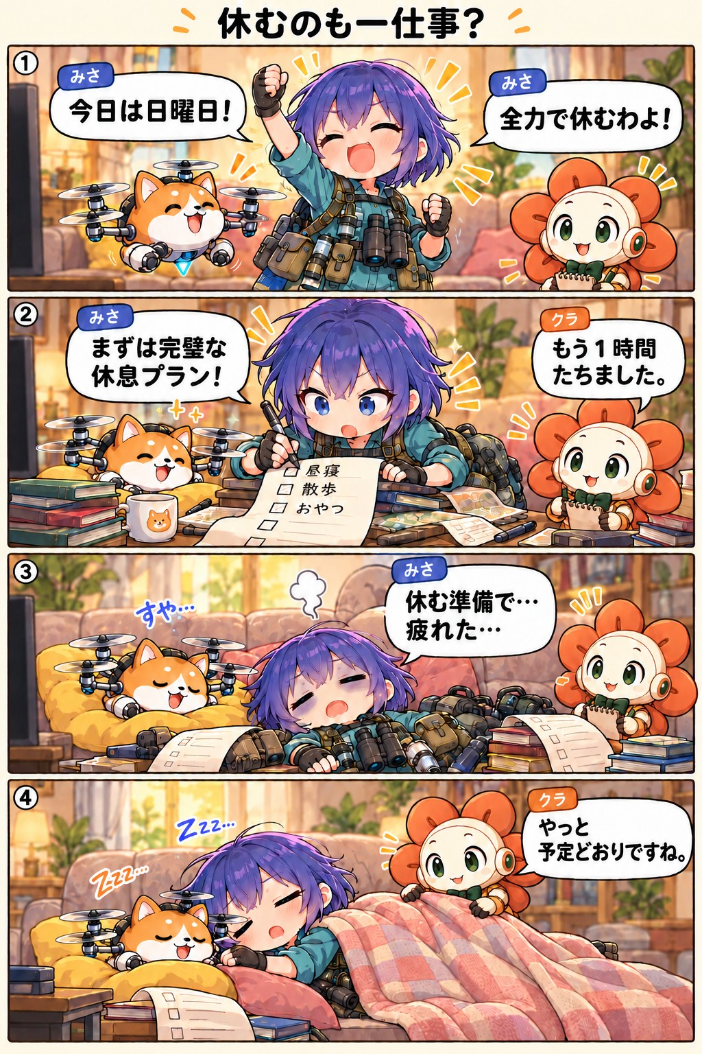 日曜日の休息プラン作りに張り切ったみさが疲れて眠り、クラが毛布をかける4コマ漫画「休むのも一仕事？」。