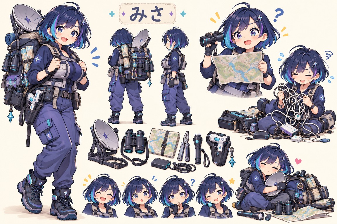 青紫の髪に星の髪飾り、たくさんの道具を背負ったみさの全身・表情・装備の設定画。