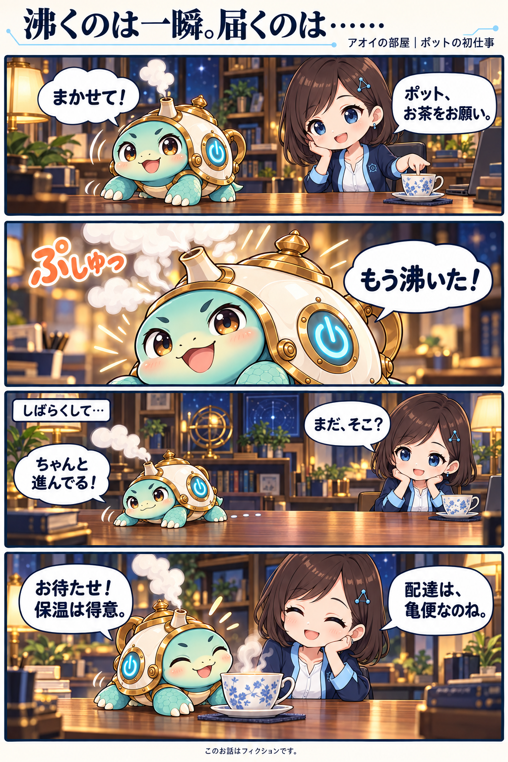 お茶を頼まれた亀のポット。お湯はすぐ沸くが、アオイのもとへ歩いて届けるまでには時間がかかる4コマ漫画。